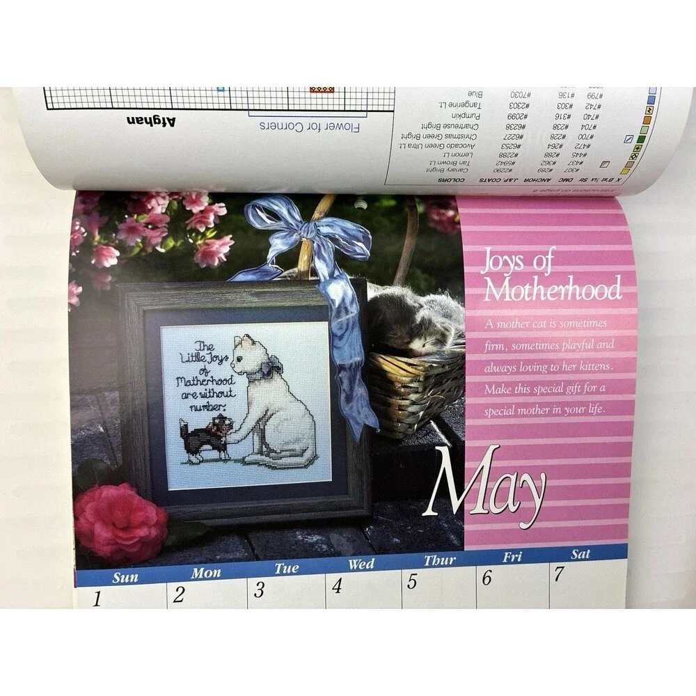 Calendar Cross Stitch 12 Patterns 1994 Rose Cat Daffodil Ballerina Car USA Bear